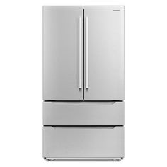 a stainless steel refrigerator freezer sitting on top of a white background with the door open