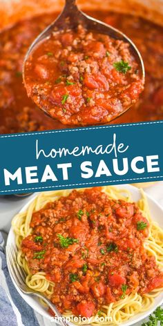 homemade meat sauce in a white bowl with a ladle full of it and the title overlay reads homemade meat sauce