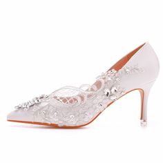 Details: Style: elegant Embellishment: Lace, Rhinestone Heels Type:?Stiletto Heel height: 2.95inch Closure Type: Slip on Toe: Pointed Toe Upper Material: Faux Leather Sole Material:?Rubber Lining Material: Leather Silver Embellished Heels For Banquet, Silver Low Heel Heels For Banquet, White Low Heel Wedding Shoes For Banquet, Low Heel Rhinestone Wedding Shoes For Evening, Pointed Toe Rhinestone Heels For Banquets, Low Heel Wedding Shoes With Rhinestones For Evening, Elegant Rhinestones Wedding Shoes For Banquet, High Heel Wedding Shoes With Rhinestones, High Heel Rhinestone Wedding Shoes