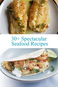 the cover of 30 + spectacular seafood recipes with pictures of different types of food on it