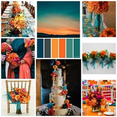 a collage of orange and blue wedding colors