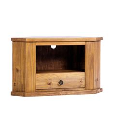 a wooden entertainment center with two drawers on one side and an open drawer on the other