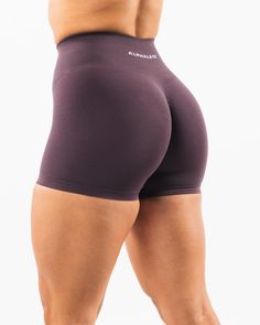 Amplify Short 4.5 Micro-elastic Solid Athletic Shorts For Pilates, Seamless Fabric Athletic Shorts With Built-in Shorts, Alphalete Amplify Shorts, Micro-elastic Athletic Shorts With Contoured Waistband For Yoga, Purple Moisture-wicking Short Length Activewear, Ribbed Paneling, Hip Hip, Word Mark Logo, Ombre Effect