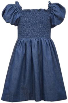 Blue Casual Cotton Smocked Dress, Casual Blue Cotton Smocked Dress, Blue Cotton Smocked Dress With Ruched Details, Casual Cotton Smocked Puff Sleeve Dress, Casual Cotton Puff Sleeve Smocked Dress, Casual Cotton Smocked Dress With Puff Sleeves, Blue Cotton Smocked Dress, Short Puffy Sleeves, Bonnie Jean