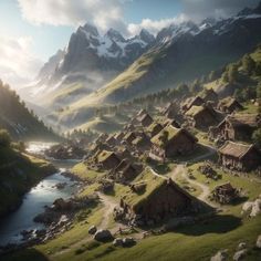 an artist's rendering of a village in the mountains