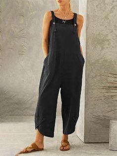 Sizing: True to size Material composition: 30% Polyester, 70% Cotton Material: Cotton Waistline: High waist Pattern: Solid Season: Spring-Summer Style: Leisure Weight: 350 g Women's Solid color casual button up suspender jumpsuit featuring a stylish style and a soft and comfortable fabric. It can be worn daily, going out, on vacation, etc. Washing method can be machine wash or hand wash. Fabric is wrinkle and pill resistant. The size is measured by hand, and it is normal for there to be an error Black Jumpsuit Outfit, Overalls Casual, Womens Jumpsuits Casual, Jumpsuit Casual, Loose Jumpsuit, Jumpsuit Outfit, Romper Outfit, Playsuit Romper, Casual Jumpsuit