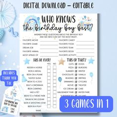 a digital printable birthday party game with balloons and confetti on the table