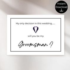 a card with the words groomsman on it and an image of a tuxedo