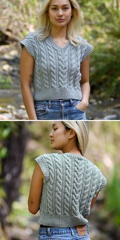 two photos of a woman wearing a sweater and jeans in the woods, one with her back turned to the camera