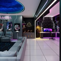 a living room filled with furniture and neon lights