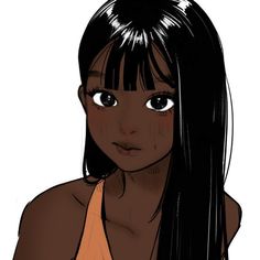 an animated image of a woman with long black hair and brown bra top, looking at the camera