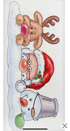 a christmas card with santa claus and snowman on the bottom right hand corner is an image of a teddy bear holding a sleigh