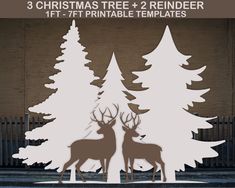 two deer standing next to each other in front of trees and fence with text that reads 3 christmas tree + 2 reindeer 11 / 17 printable templates