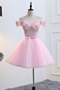 Pink Off Shoulder Dress For Spring Formal, Formal Pink Tulle Evening Dress, Pink Off Shoulder Dress For Spring Prom, Pink Off-shoulder Dress For Wedding, Pink Floral Evening Dress For Prom, Pink Floral Embellished Evening Dress For Prom, Pink Off-shoulder Lace Dress, Pink Off-shoulder Dress For Wedding And Prom, Prom Evening Dress With Floral Applique