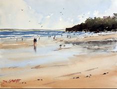 watercolor painting of people walking on the beach