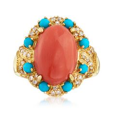 Ross-Simons - Coral, Turquoise, .23ct t. w. Diamond Ring Oval Cut in 18kt Yellow Gold. Size 6. Colorful and alluring, this ring will add a pop of color to any outfit. A 11x15mm oval coral cabochon is enhanced by 2.5mm round stabilized turquoise cabochons and .23 ct. t. w. round brilliant-cut diamonds. Set in polished 18kt yellow gold. 13/16" wide. Diamond, turquoise and coral ring. Coral Engagement Ring, Turquoise And Diamond Ring, Diamond Ring Oval, Emerald Earrings Drop, Turquoise And Coral, Coral Ring, Colorless Diamond, Coral Jewelry, Heart Pendant Diamond