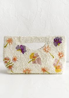 Dried Flower Beaded Clutch | LEIF Dried Flower Beads, Beaded Clutch, White Backdrop, Dried Floral, Beaded Purses, Small Pouches, Beaded Bags, Canvas Pouch, Butterfly Design