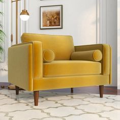 a living room with a yellow chair and potted plant