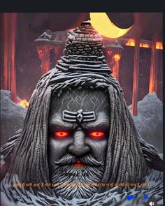 an image of a man with red eyes in front of a full moon and mountains