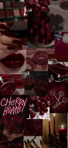 a collage of photos with lipstick, candles and other things in them that are red