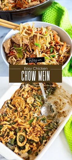 easy chicken chow mein in a casserole dish with chopsticks on the side