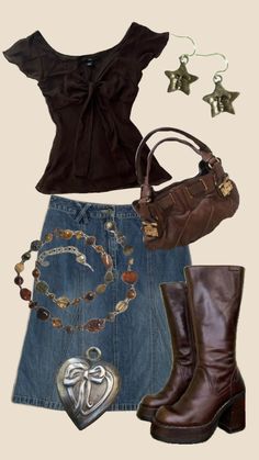 outfit inspo! Outfit Ideas With A Vest, Even Stevens Tawny Outfits, Cool Thrifted Outfits, Overaccessorized Outfits, Cider Outfits Ideas, All Too Well Aesthetic Outfit, Mia Maples Outfits, 2000s Earthy Fashion, Craft Fair Outfit