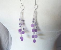 "A unique pair of real amethyst gemstone earrings, the earrings are 4\" in length, the gemstones are 2- 8mm, 925 silver backs, please add your phone number to ensure efficient delivery, this will only be used for shipping purpose, packages with phone numbers will clear customs more speedily, thank you." Purple Gemstone Bead Dangle Earrings, Purple Gemstone Beads Dangle Earrings, Purple Dangle Earrings With Gemstone Beads, Lavender Earrings With Dangling Beads For Gifts, Purple Amethyst Earrings With Dangling Beads, Cube Earrings, Traditional Earrings, Design Statement, Statement Earring