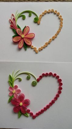 two pictures with flowers and beads in the shape of hearts