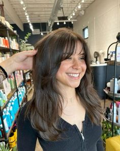 Diagonal Back Haircut, French Bangs With Face Framing Layers, Asians With Bangs, Haircuts That Make Hair Look Thicker, Long Bangs Inspo, Hair For Circle Face Shape, Dark Brown Hair And Bangs, Long Bangs For Round Face, Dark Hair Layers Medium