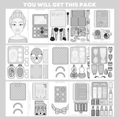 the contents of a makeup kit are shown in this black and white illustration, with text that reads you will get this pack