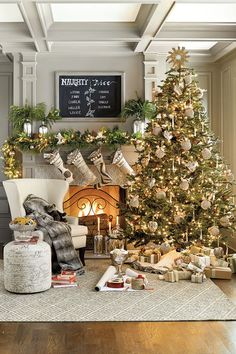 a collage of pictures with christmas trees and decorations in gold, silver and white