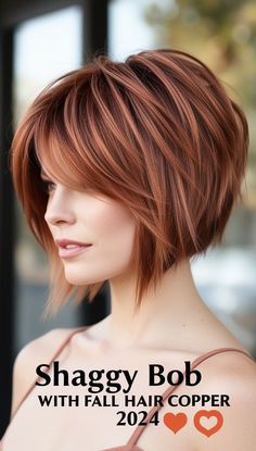 Unbalanced Bob in Fall Hair Copper 2024. Short Angled Bob Hairstyles, Stacked Angled Bob Haircut For Fine Hair, Short Copper Brown Hair, Bob With Copper Highlights, Best Short Haircuts For Round Faces, Copper Brown Bob Hair, Fall Hair Colors Short Hair, Copper A Line Bob, Copper Bob Hair