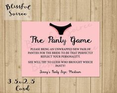 a pink and black sign with the words, the party game please bring an unwrapped new pair of panties for the bride to be