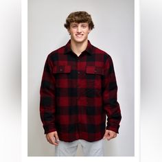 Nwt North River Heavy Weight Shirt Jacket Size Large Buffalo Plaid Red Fleece Lined North River Heavyweight Flannel Shirt Jacket For Men In Buffalo Red Burgundy Long Sleeve Shirt For Fall, Red Flannel Shirt For Winter, Red Collared Flannel Shirt For Fall, Casual Red Collared Outerwear, Red Winter Flannel Shirt With Pockets, Casual Burgundy Collared Shirt, Collared Red Flannel Shirt For Work, Red Collared Flannel Shirt For Work, Casual Burgundy Button-up Shirt