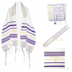 Prayer shawl, white with purple and gold; 72 x 22 wideWords of blessing quoted in English The Lord bless you and keep you. The Lord make His Face shine on you and be gracious to you. The Lord turn his face towards you and give you peace. Numbers 6:24-26, around the collar of the shawl.Aaronic blessingOn the four corners are prayers from the Bible, in English, taken from Deuteronomy 28:2, John 15:5, John 15:16, Deuteronomy 1:11.Embellished with metallic gold; Israel Messianic design and gold accentsThe prayer shawl (or tallit) is trimmed in traditional fringesIncluded with the shawl is a matching storage bag with zippered closure and embroidered title The Blessing TallitAn explanatory enclosure explains the significance of the shawl , the Messianic symbol and the four prayers that are shown Deuteronomy 1, Deuteronomy 28, Mexican Style Dresses, John 15 16, John 15 5, Prayer Shawl, The Blessing, Blessed Quotes, Mexican Style