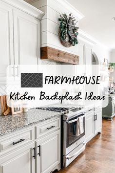 a kitchen with white cabinets and wood floors is featured in the article 30 farmhousehouse kitchen backsplash ideas