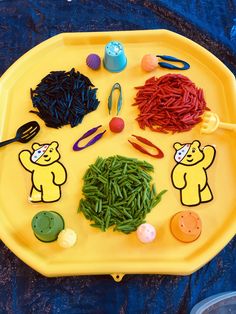 a yellow tray filled with lots of different items