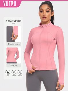 1pc Women Sports Jacket With Thumb Hole, Slim Fit For Running And Yoga Baby Pink   Long Sleeve Fabric Plain None Medium Stretch All Women Activewear, size features are:Bust: ,Length: ,Sleeve Length: Yoga Baby, Sports Jackets Women, Estilo Hip Hop, Pink Collar, Compression Shirt, Birthday List, Workout Jacket, Pink Outfit, Sports Jacket