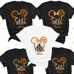 Disney Shirts For Family Halloween, Halloween Disney Family Shirts, Disney Halloween Fan Merchandise T-shirt, Black Disney T-shirt For Fall, Black Pre-shrunk T-shirt For Disney Trips, Black Themed T-shirt For Disney Trips, Black T-shirt With Letter Print For Disney Trips, Black Themed T-shirt For Disney Fan Events, Themed Black T-shirt For Disney Fan Events