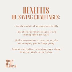 an orange and white poster with the words benefits of saving challenges on it's side