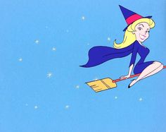 a cartoon image of a witch flying through the air on a broom with stars in the background