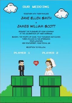 a pixel wedding card with the bride and groom standing on top of a green platform