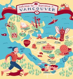 an illustrated map of vancouver, canada with people walking and biking around the city on it