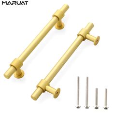 two brass handles and screws on a white background