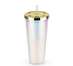 thermos tumbler cup with gold lid and rainbow holographics on it