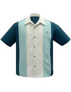 Shop Atomic Mad Men Bowling Shirt in Teal/Mint/Stone Online | Steady Clothing Flare Jeans Shoes, Vintage Bowling Shirts, Disco Fashion, Rockabilly Outfits, Stone Panels, Bowling Shirt, Button Down Shirt Mens, Vintage Inspired Outfits, Men's Button Down Shirt