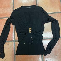 Authentic Roberto Cavalli Black Blouse Very Elegant And Sexy, Deep Cleavage Size 42 Great Condition Made In Italy Designer V-neck Party Top, Designer Fitted Blouse For Night Out, Designer V-neck Blouse For Party, Designer Blouse For Night Out, Designer Party Tops, Designer V-neck Formal Tops, Designer Long Sleeve Blouse For Night Out, Designer Long Sleeve Blouse For Evening, Long Gowns