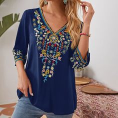 Navy Blue Boho  Three Quarter Length Sleeve Viscose Floral Top Embellished Non-Stretch Spring/Fall Women Tops, Blouses & Tee Cheap Blue Blouse With Floral Embroidery, Luxury Cotton Tops With Floral Embroidery, Luxury Cotton Tops With Embroidered Neckline, Luxury Embroidered Neckline Top For Summer, Cheap Floral Embroidered Blouse For Daywear, Luxury Cotton Embroidered Top With Embroidered Sleeves, Luxury Floral Embroidery Tops For Work, Cheap Embroidered Top For Summer, Affordable Floral Embroidery Elegant Tops