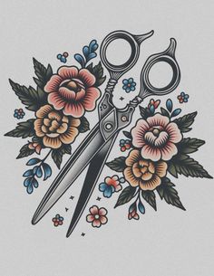 a pair of scissors sitting on top of a flowered design with leaves and flowers around it