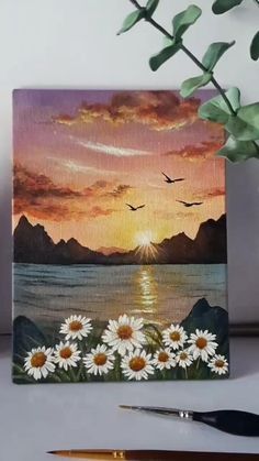 a painting with daisies in the foreground and birds flying over water at sunset